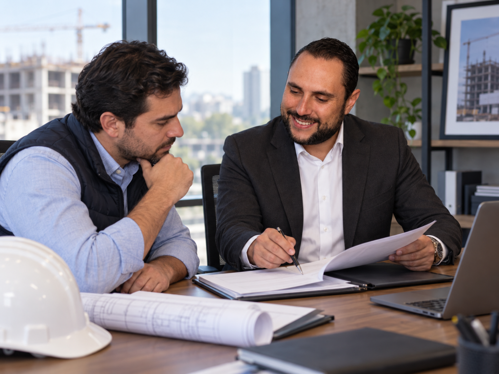 César González asesorando a un empresario sobre requisitos para una fianza