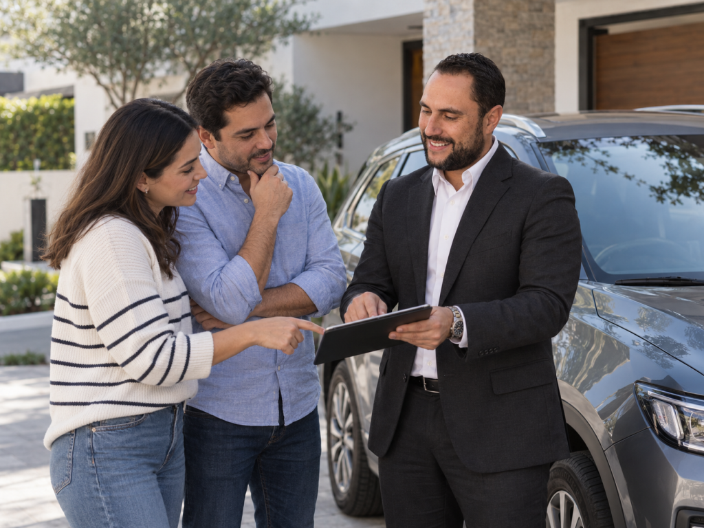 César González asesorando a una familia sobre opciones de seguro de auto junto a su vehículo
